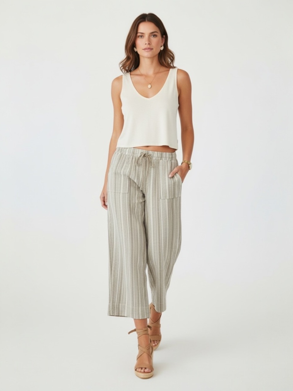 Land n Sea Linen Cropped Pants Size Medium Beige Tan Stripe Stretch Coastal